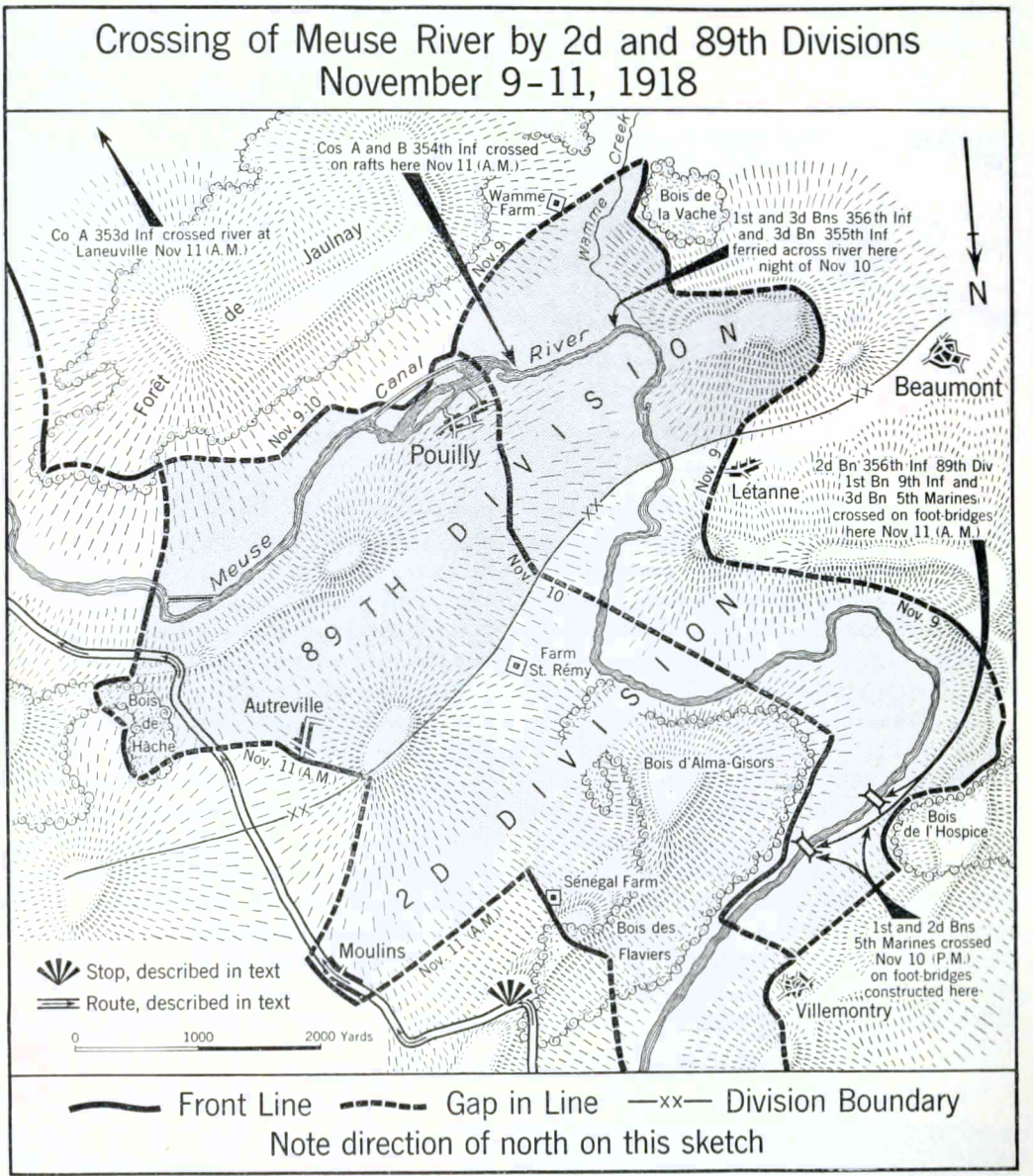 Map ABMC - Crossing Meuse 2d+89th Divs 9-11 Nov, showing Beaumont