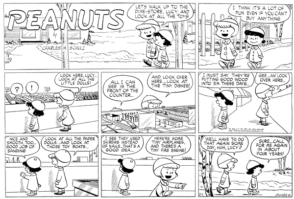 Peanuts 1953-02-01 (Sunday); used by Fair Use as discussing the original work